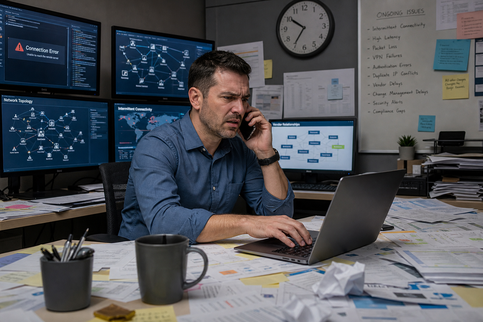 A frustrated manager typing on his laptop and making a phone call at the same time, while trying to resolve a networking issue